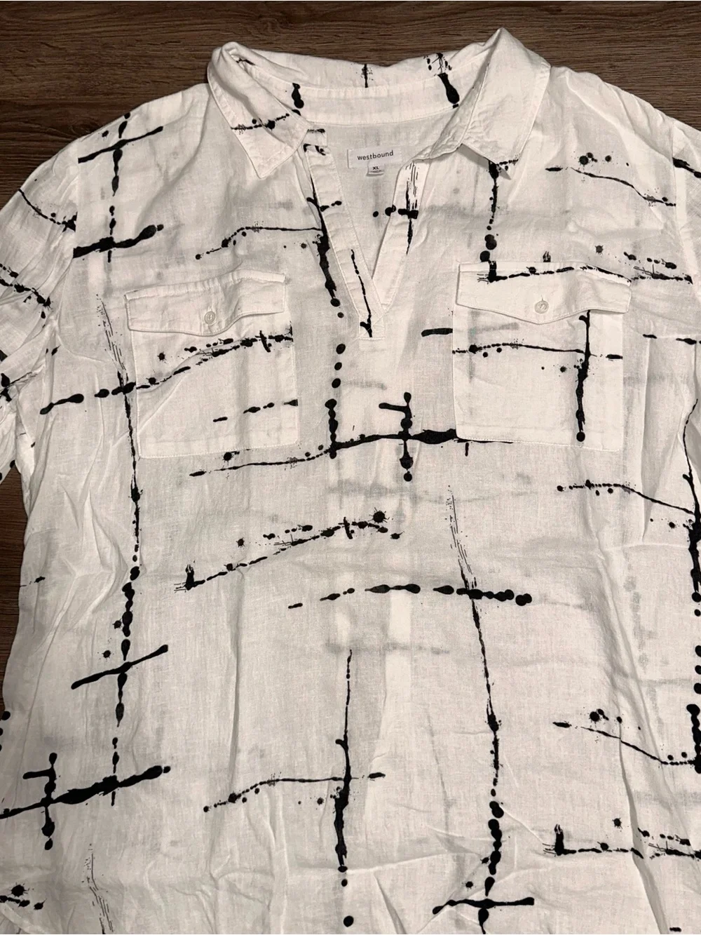 Linen Blend Button-Down Shirt with Black Abstract Print Short Sleeve Shirt
